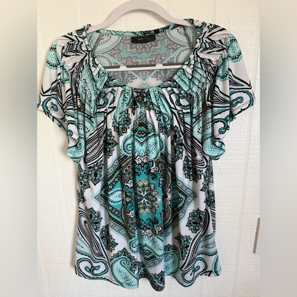 Tops - Style and Company Turquoise & Black Paisley Print Short Sleeve Top Size XL